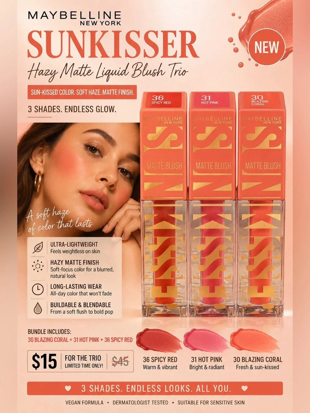 Maybelline Sunkisser Hazy Matte Liquid Blush Trio - Shades 30, 31, 36